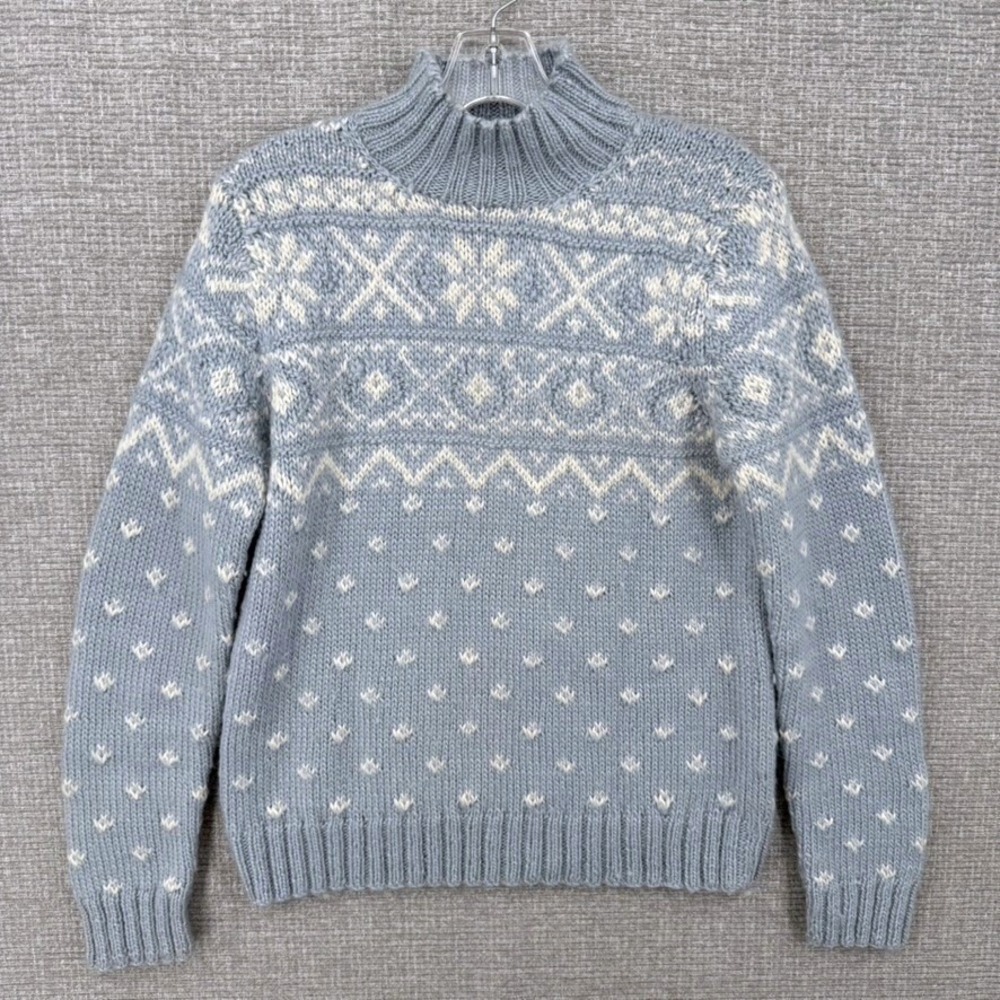 LRL Ralph Lauren Womens Sweater Sz S Hand Knit Wool Mohair Fair Isle Blue‎ Boho